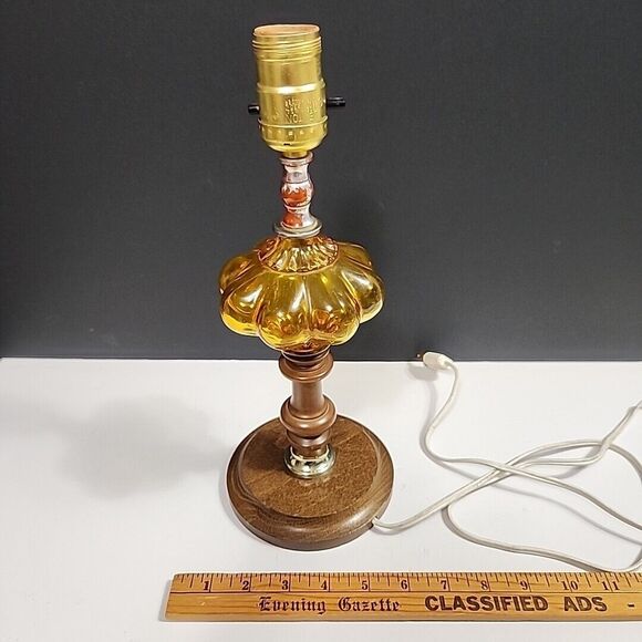 VTG Accent Table Lamp Amber Convex Bubble Glass, Wooden Base, Wood & Brass 12.5" - Picture 12 of 14